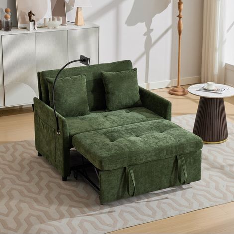 Canapé-lit convertible avec USB et support tablette, structure métal et bois, 109x72x83,5 cm, lin vert (1/5)