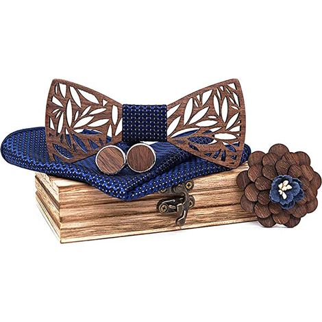 juego de pajarita, madera de nogal negro, diseño ajustable, gemelos, pañuelo cuadrado, fiesta de bodas (1/5)