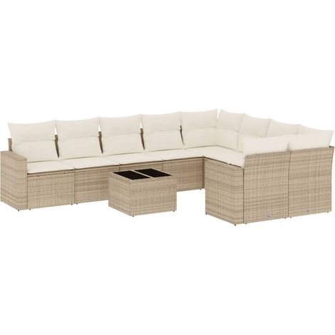 vidaXL Cuscini da seduta - Set Divano da Giardino 10 pz con Cuscini Beige in Polyrattan (1/5)