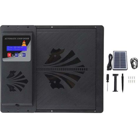 Ouvre-porte automatique de poulailler à énergie solaire USB avec minuterie affichage LED programmable 3 modes d'alimentation type ouvert horizontalement noir (1/4)