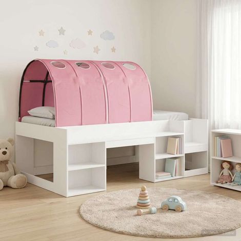 Cadre de lit mezzanine avec tunnel et échelle, bois d’ingénierie, 3 pièces, blanc et rose - PANGIVO (1/5)