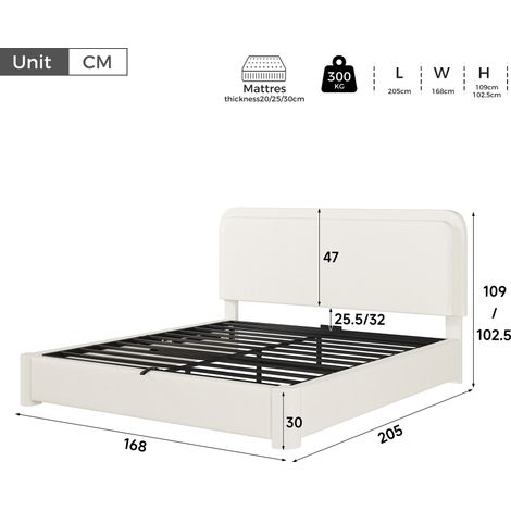 Lit double 160x200 cm avec tête de lit rembourrée en bouclé blanc, coffre de rangement intégré, sommier à lattes inclus, mécanisme hydraulique et dossier réglable en hauteur. (1/5)