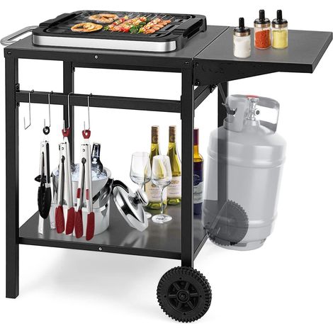 COSTWAY Grillwagen mit klappbarer Tischplatte, Beweglicher Campingtisch mit 2 Ablagen & 4 Haken, Metall für Außenbereich, Servierwagen zum Grillen & Outdoorküche, Zubereitungswagen Schwarz