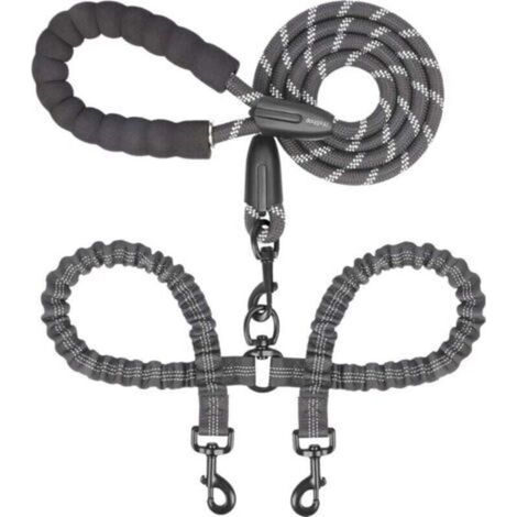 Laisse double pour chien – Pivotante à 360°, anti-emmêlement, avec élastique absorbant les chocs pour deux chiens (grande, 25 à 150 lb, noire) (1/4)
