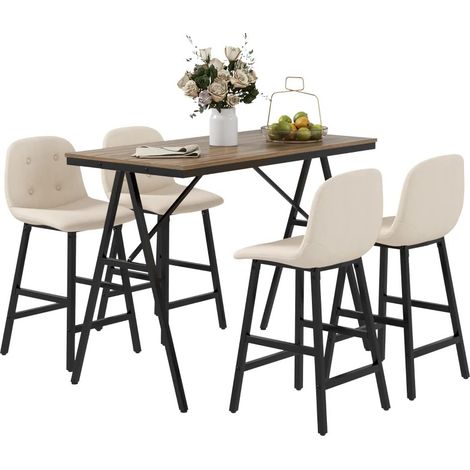 Ensemble table de bar HOMCOM beige en acier 5 pièces, table bistrot 120x60x91cm avec 4 tabourets, groupe repas adapté pour votre cuisine, salon et espace détente chez vous (1/5)