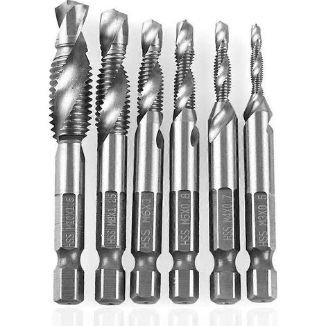 Set aus 6 Sechskant-Gewindebohrern und Gewindeschneidwerkzeugen, hergestellt aus metrischem Schnellarbeitsstahl, geeignet für weiche Materialien, kompatibel mit verschiedenen Werkzeugmaschinen.
