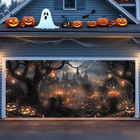 Bannière de porte de garage d'Halloween 1,8 x 3,9 m – Chemin hanté avec lanternes, lune et chauves-souris