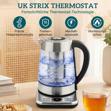 Bouilloire électrique 1,7L, chauffe-eau rapide 2200W avec thermostat Strix UK, infuseur à thé, fonction maintien au chaud (1/5)