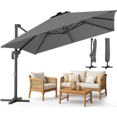 Parasol Déporté Carré 3x3M avec 8 Baleines Parasol de Jardin Extérieur Rotation 360° Inclinable 6 Positions Toile Polyester Anti UV et Imperméable avec Housse Gris Foncé (1/5)