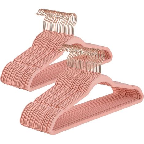 Set di 50 grucce in velluto, 44,5 cm, salvaspazio con superficie antiscivolo, gancio girevole a 360°, grande capacità per cappotti, camicie e vestiti, rosa cipria (1/5)