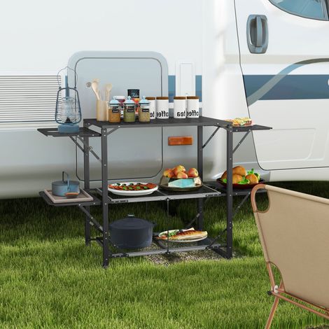 Table de cuisine de camping pliante, acier et aluminium, sac de transport, 2 étagères et porte-gobelets, 2 tablettes