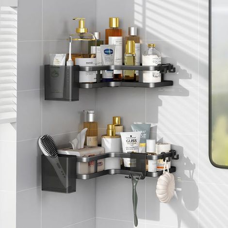 Salle de bain Etagère triangulaire murale Double étagère + Porte-dentifrice2 + support de rasage1 noir 25255.2 cm