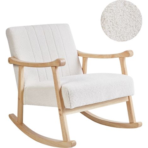 Silla mecedora balancín tapizado de bouclé patas de madera de caucho con reposabrazos sala de estar sillón de lactancia blanco crema Leknes (1/5)