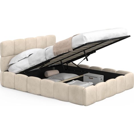 Idmarket – Lit coffre double NUAGE 140 x 190 cm – Tête de lit matelassée en velours beige – Sommier relevable 24 lattes – Rangement intégré