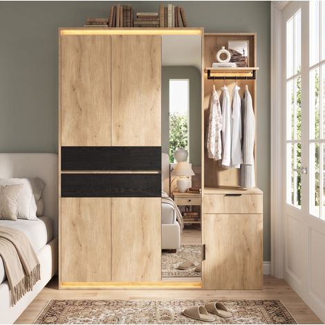 MODFU – Set guardaroba 155x47x200 cm in MDF con specchio, 3 LED, 5 cassetti, 3 appendiabiti e carico 30/20 kg – Antracite/rovere (1/5)