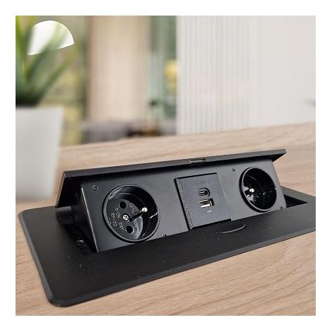 Recessed Worktop Socket with Flat Edge and 2 Schuko Power Strip with 2 x USB Type A and C Cable 1.5 m German Standard Retractable Socket (Schuko) (Black) (1/4)
