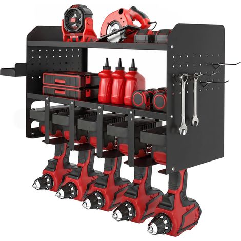 Organisateur d'outils de jardin à deux niveaux, support avec crochets, poches latérales, capacité jusqu'à 50 kg, 61,8 x 23 x 32,7 cm, noir (1/5)