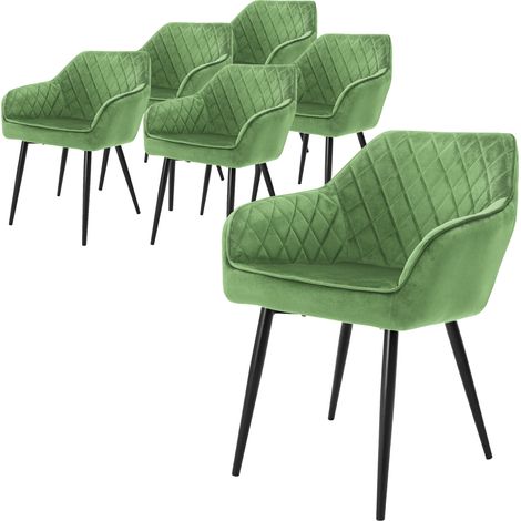 ML-Design Set 6x Sillas de Comedor Verde Salvia Estilo Moderno Asiento Tapizado Aspecto de Terciopelo Patas de Metal Negras con Respaldo y Apoyabrazos Sillón Moderno de Salón Oficina Dormitorio Cocina