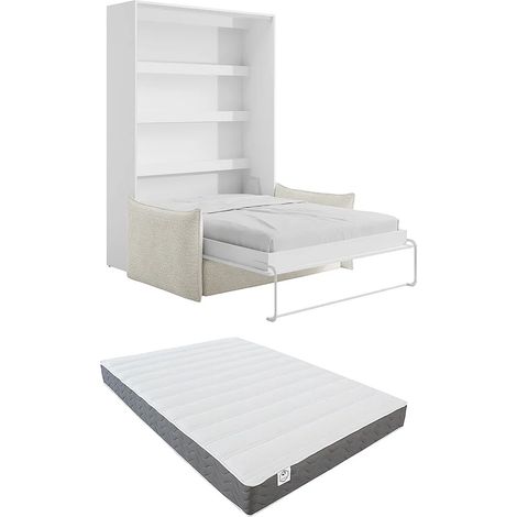 Lit escamotable 140 x 200 cm - Ouverture verticale manuelle - Avec LEDs - Blanc + Canapé en tissu bouclette beige + Matelas - RAPILI (1/5)
