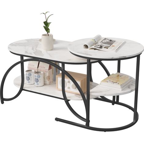 Ausziehbarer Couchtisch, Set aus 2 modernen Couchtischen mit Tischplatte in Marmoroptik und Metallgestell, 80 x 46 x 45, weiß und schwarz