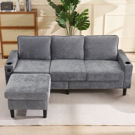 Canapé d’angle 202/137/80 cm gris avec ports USB, porte-gobelets et poches latérales (1/5)