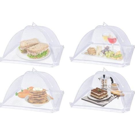 Set di 4 pezzi-piatto anti-mosche 17x17 cm, copre il cibo in nylon pieghevole riutilizzabile, di protezione, di insetti per picnic, barbecue e feste, bianco (1/5)