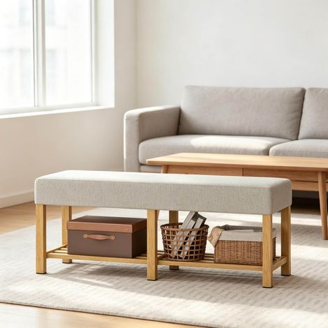 Schuhbank 120x44x48 cm aus Holz in Beige, offener Stauraum für den Eingangsbereich - MEUBLIV (1/5)