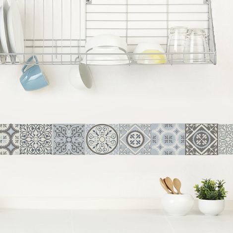 Frise adhésive Coimbra, imitation carrelage carreaux de ciment ancien, bleu et gris, 15 cm X 300 cm. Autocollante décorative. (1/5)