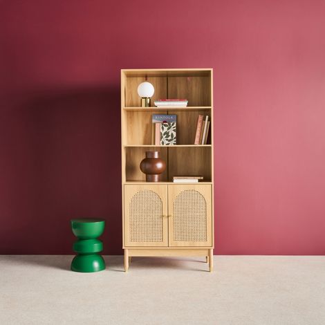 Etagère bibliothèque décor bois et cannage 4 niveaux 2 portes teinte naturelle - 80 x 40 x 178 cm - Judith