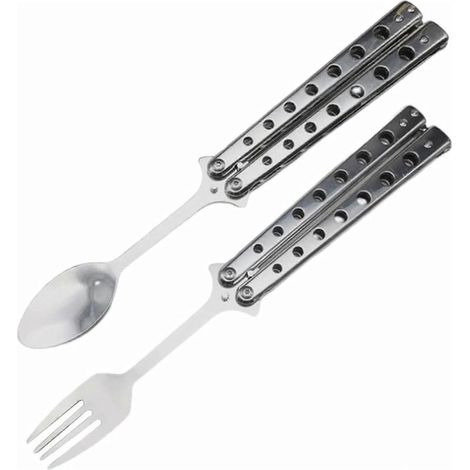 Online Store - Ensemble fourchette et cuillère papillon, ensemble de couverts pliables 2 pièces, en acier inoxydable. (1/5)