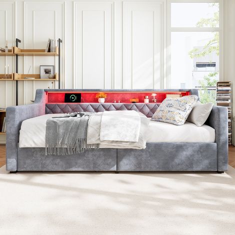 Stylish Grey Velvet Daybed with Ambient LED Lights & USB Charging – Includes 2 Storage Drawers – Versatile for Lounge or Bedroom – 90x190cm (1/5)
