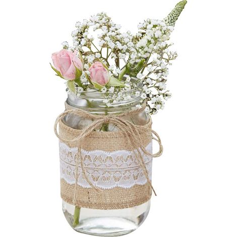 Pot en Toile de Jute et Dentelle en Verre pour Centre de Table ou dragées de Mariage Rustique, Blanc (1/4)