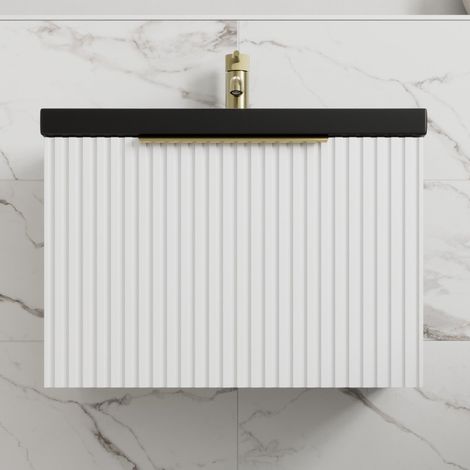 Fluted 600mm Bathroom Vanity Unit Basin Wall Hung Cupboard Soft Close Matt White (1/5)