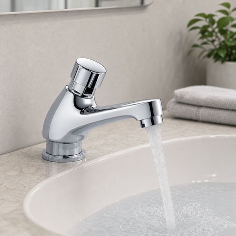 Robinet temporisé à pression eau froide, laiton chromé brillant, avec aérateur anti-éclaboussures pour sanitaires publics, modèle C1 (1/5)