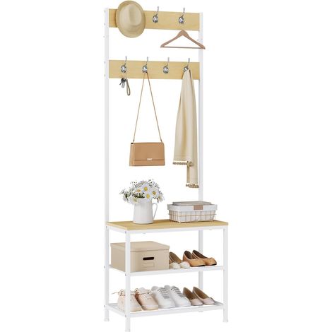 WOLTU Appendiabiti con ripiano per scarpiere, mobile d'ingresso con panchina, 3 in 1, per ingresso, corridoio, Bianco + Rovere Chiaro