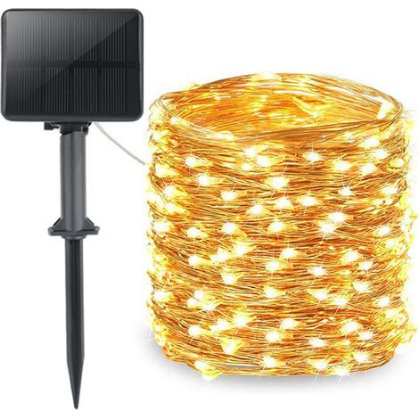 Solar-Lichterkette, 12 m, 100 LEDs, Kupferdraht, 8 Modi, Timer, Schutzart IP65, für Weihnachtsbaum, Garten, Schlafzimmer, Balkon, Innen- und Außendekoration, warmweiß (1/5)