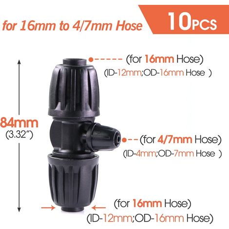 (16 mm à 1/4 pouce - 3 voies - 1/2 pouce) 10 raccords de tuyau PE 16 mm à verrouillage, 4/6 voies, pour tuyaux d'arrosage, raccords en T, répartiteur d'eau (1/5)