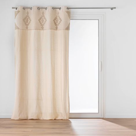 Rideau à œillets en poly-coton avec bande décorative Naturel 140x240 cm (1/5)