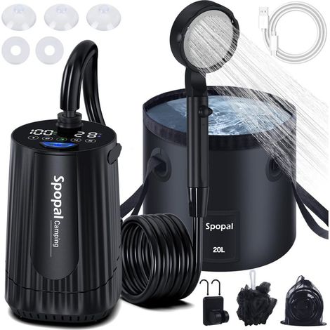 Camping Douche Portable, [Imperméable] Kit Douche de Camping,Rechargeable,10000mAh, avec Seau Pliable 20L,Afficheur Intelligent et Pomme de Douche 4 Modes pour Extérieure,Camping (1/5)