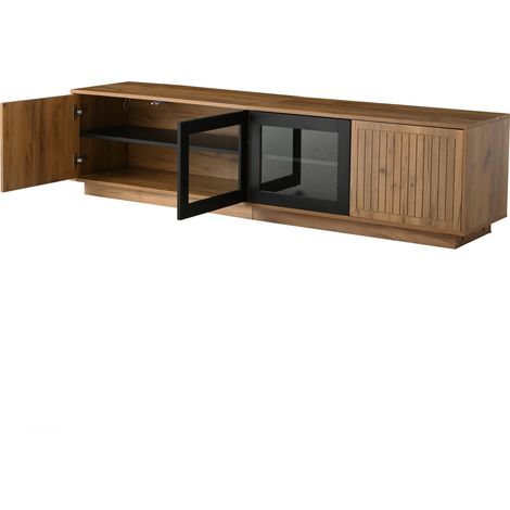 Meuble TV 180x40x45 cm en panneau de particules naturel et noir avec portes en verre trempé et éclairage LED intégré (1/5)
