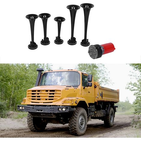 Klaxon pneumatique universel 12V à 5 haut-parleurs avec compresseur et son puissant pour voiture, camion et bateau (noir) (1/5)