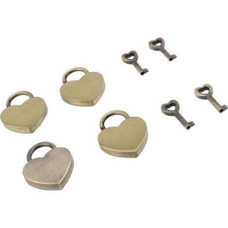 Ensemble de 4 cadenas en forme de cœur avec clé, en métal décoratif, pour agenda, boîte à bijoux ou bagage (type 2). (1/5)