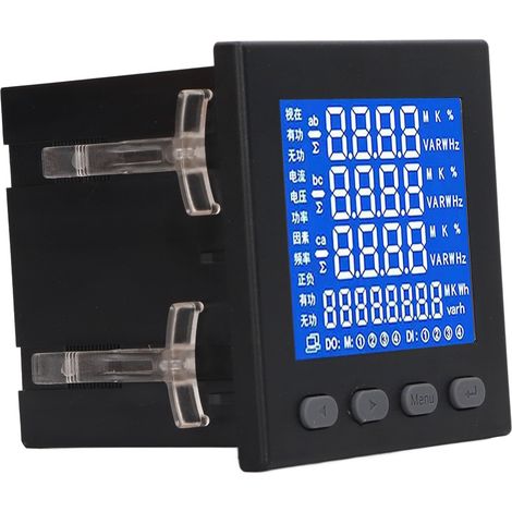 Compteur électrique triphasé 3 fils 220V AC, affichage LCD multifonction, boîtier ignifuge noir, mesure d'énergie précise. (1/5)