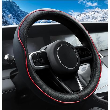 Car Steering Wheel Cover, Non-Slip Microfibre Leather Cover, with Non-Slip Line, Car Interior Accessories, Suitable for Steering Wheels with an Outer Diameter of 37 to 38 cm (Black-Red) (1/5)