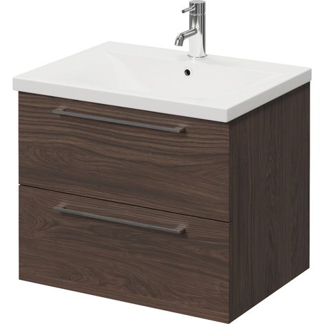 Napoli 460 Brown Oak 600mm Wall Mounted 2 Drawer Vanity Unit with Glide Basin - 600mm - Chrome 320mm Handle