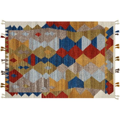 Alfombra kilim de lana rojo azul verde 160 x 230 cm a mano patchwork borlas Arzakan