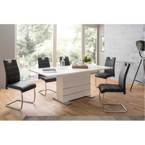 Table extensible rectangulaire 6-8 personnes – Panneaux de particules mélaminés – Longueur 160-200 cm – Largeur 90 cm – Hauteur 75 cm – Blanc et alu (1/7)