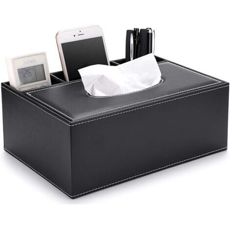 Sollbry Boîte à mouchoirs rectangulaire en cuir synthétique avec télécommande – Porte-serviettes de bureau élégant et élégant (noir) (1/5)