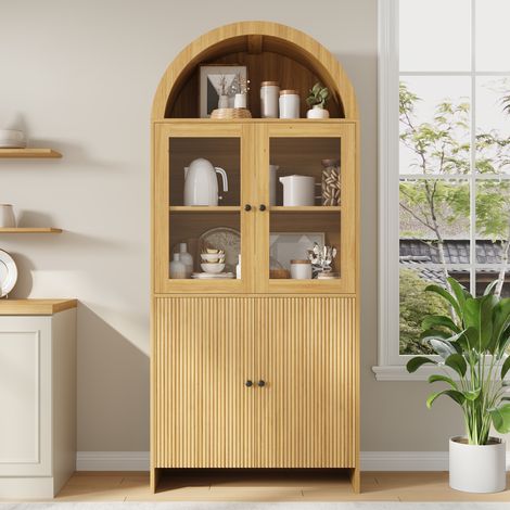 Buffet avec dessus cintré, vitrine à portes vitrées, armoire de rangement fermée à motif ondulé, meuble de salon (1/5)