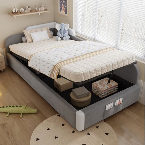 Letto contenitore bambini 90x200 cm con sistema idraulico e rete a doghe, in velluto grigio, materasso non incluso (1/5)